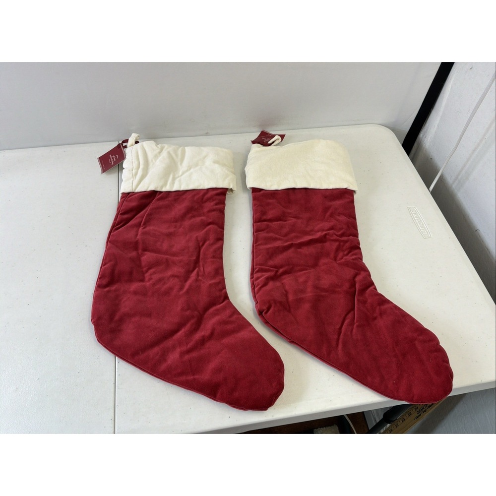 New Lot of 2 Pottery Barn Basic Velvet Christmas Stocking Red w/ White Cuff